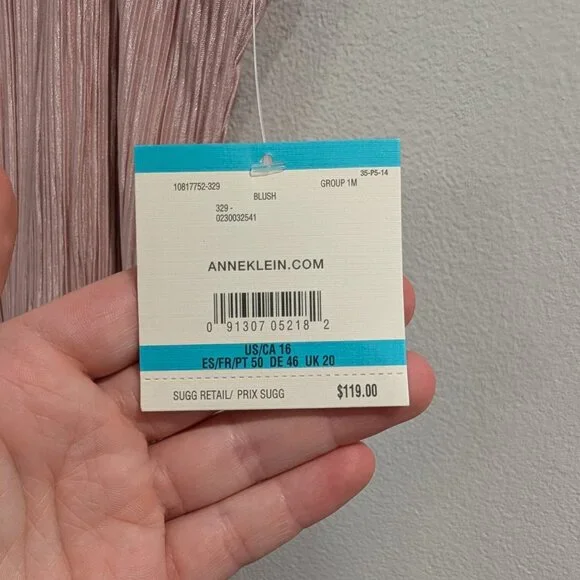 ANNE KLEIN Nwt Crinkled Satin Blush Dress 16 Sleeveless Waist Tie Midi Length - Picture 8 of 12